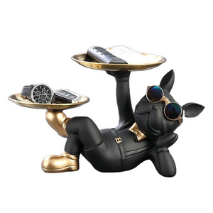 2024 new products French Bulldog Butler Statue with Double Trays for Keys Holder Cool Dog with Glasses Animal Resin Sculpture