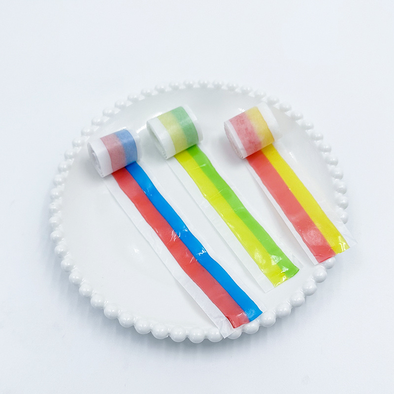 OEM hot selling roll fruit jelly loose Gummy Candy Roll sweet snacks sour licorice candy strips long jelly sour belts candy