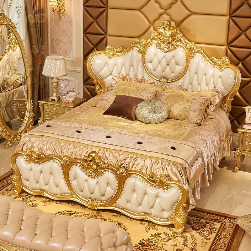 European Classical Luxury Gold Bedroom Set Rococo Palace Royal Golden Solid Wood Hand Carving Canopy Bed King Size 2024