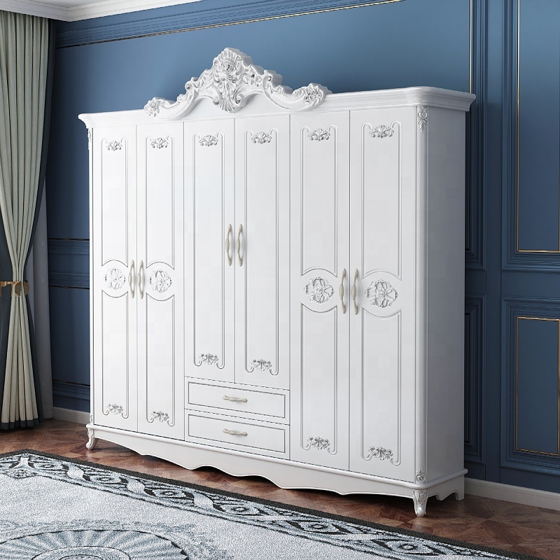 Antique MDF Luxury Cabinet For Clothes White American Bedroom Closet Wooden Durable Tall Wardrobe With Storage Furniture