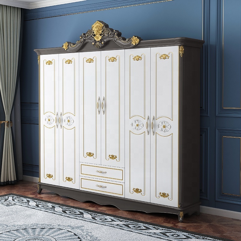 Antique MDF Luxury Cabinet For Clothes White American Bedroom Closet Wooden Durable Tall Wardrobe With Storage Furniture