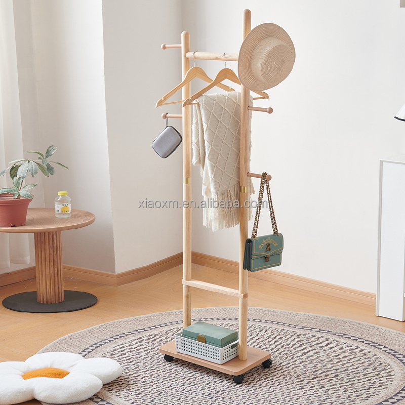 Wood Clothes Hanger Rolling Cart Coat Rack Double Pole Hanger Storage Clothing Drying Racks Standing Trolley Coat Rack