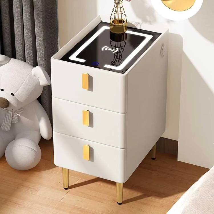 2024 New Style Fashionable smart Fingerprint lock Bedside Table Bluetooth speaker White nightstand with wireless charging