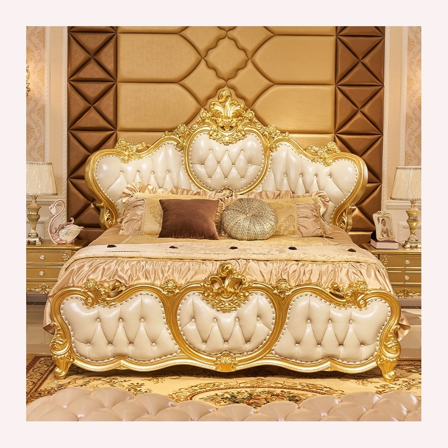 European Classical Luxury Gold Bedroom Set Rococo Palace Royal Golden Solid Wood Hand Carving Canopy Bed King Size 2024