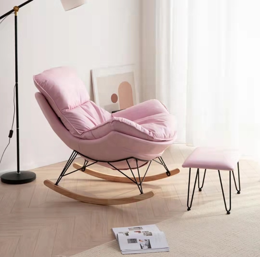 Nordic Living Room Comfortable White Fabric Rocking Chair Tufted Plush Lounge Recliner Lazy Sofa Chairs With Stool