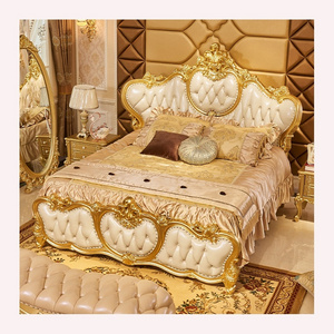 European Classical Luxury Gold Bedroom Set Rococo Palace Royal Golden Solid Wood Hand Carving Canopy Bed King Size 2024