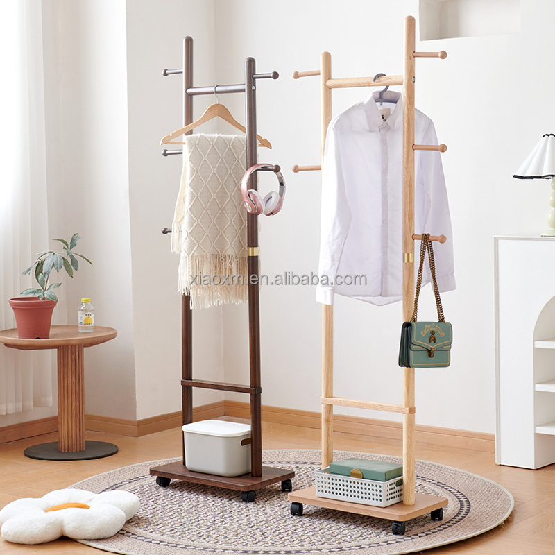 Wood Clothes Hanger Rolling Cart Coat Rack Double Pole Hanger Storage Clothing Drying Racks Standing Trolley Coat Rack