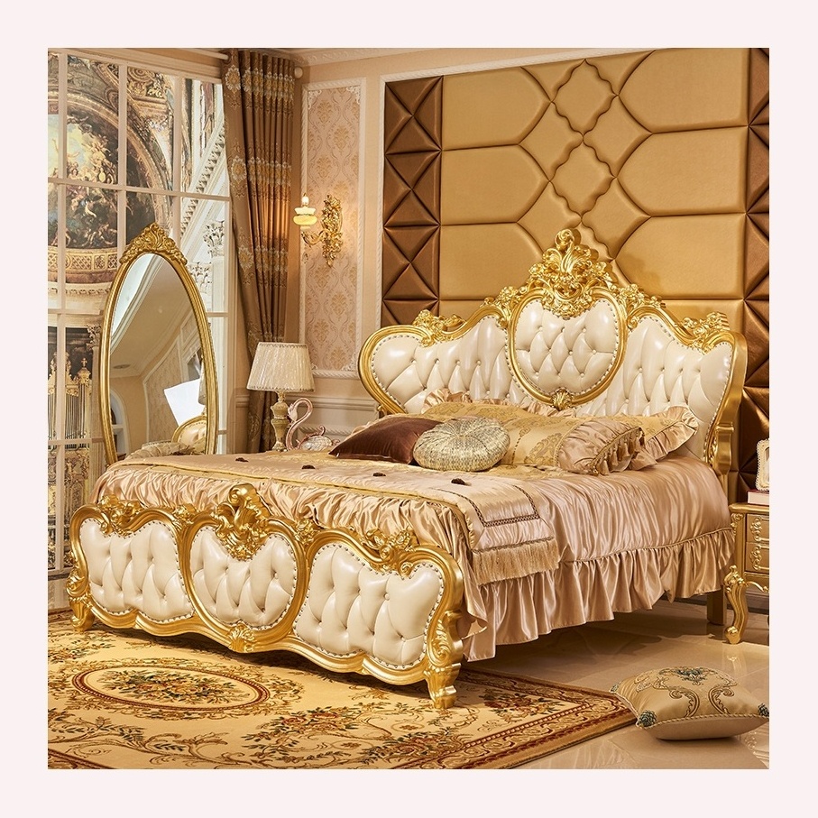 European Classical Luxury Gold Bedroom Set Rococo Palace Royal Golden Solid Wood Hand Carving Canopy Bed King Size 2024