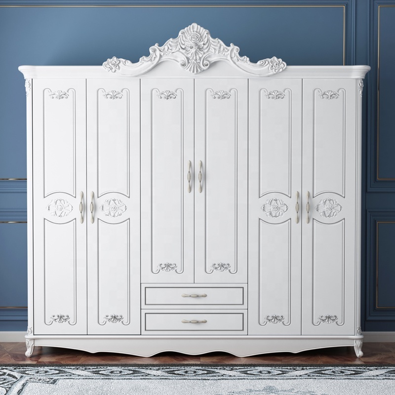 Luxury French Rococo Style Golden Four-Door Wardrobe Cabinet/ European Classic Wood Carved Bedroom Wardrobe Design, Armoire