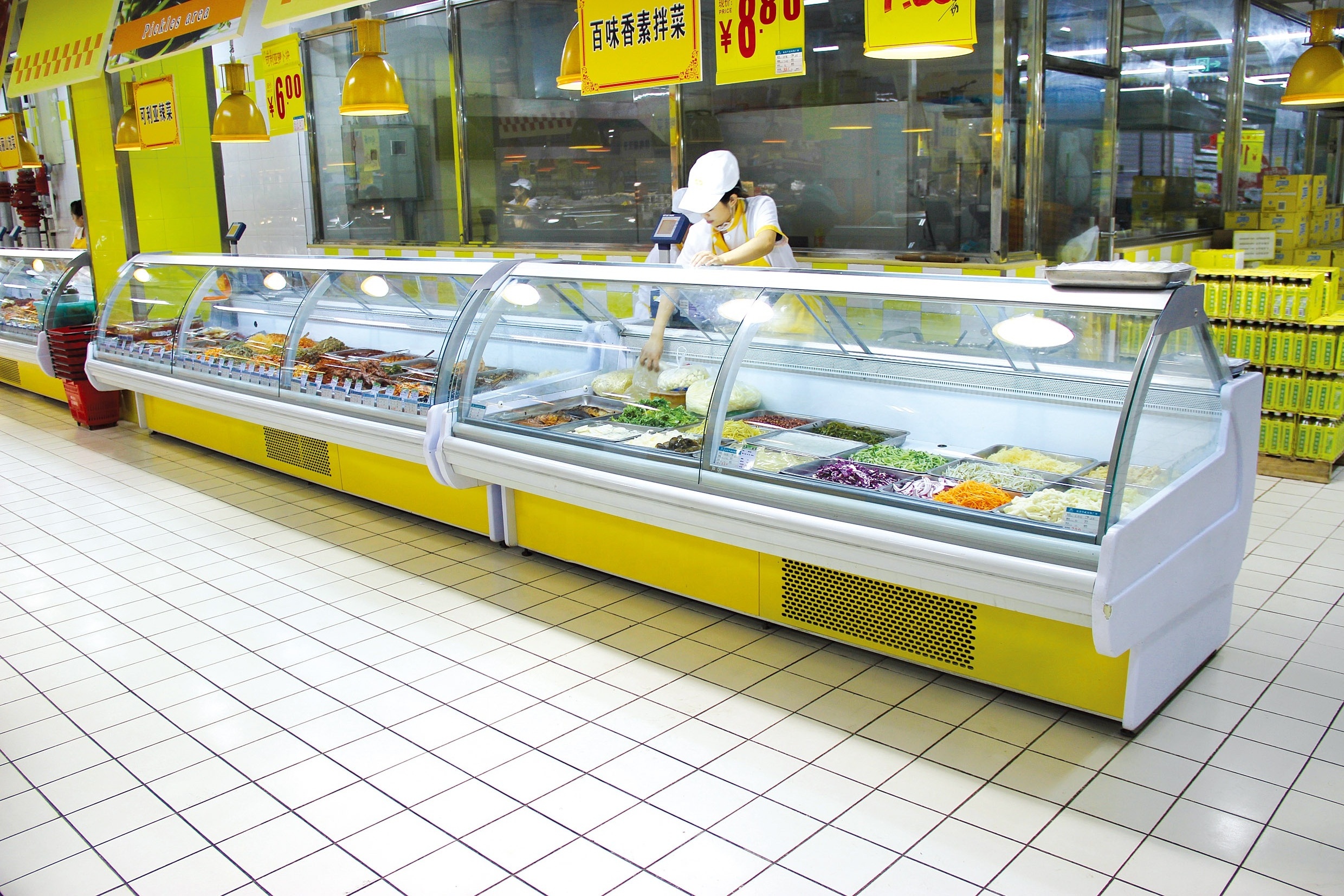 Supermarket Service Refrigerator Curved Glass Meat Display Chiller Deli Case