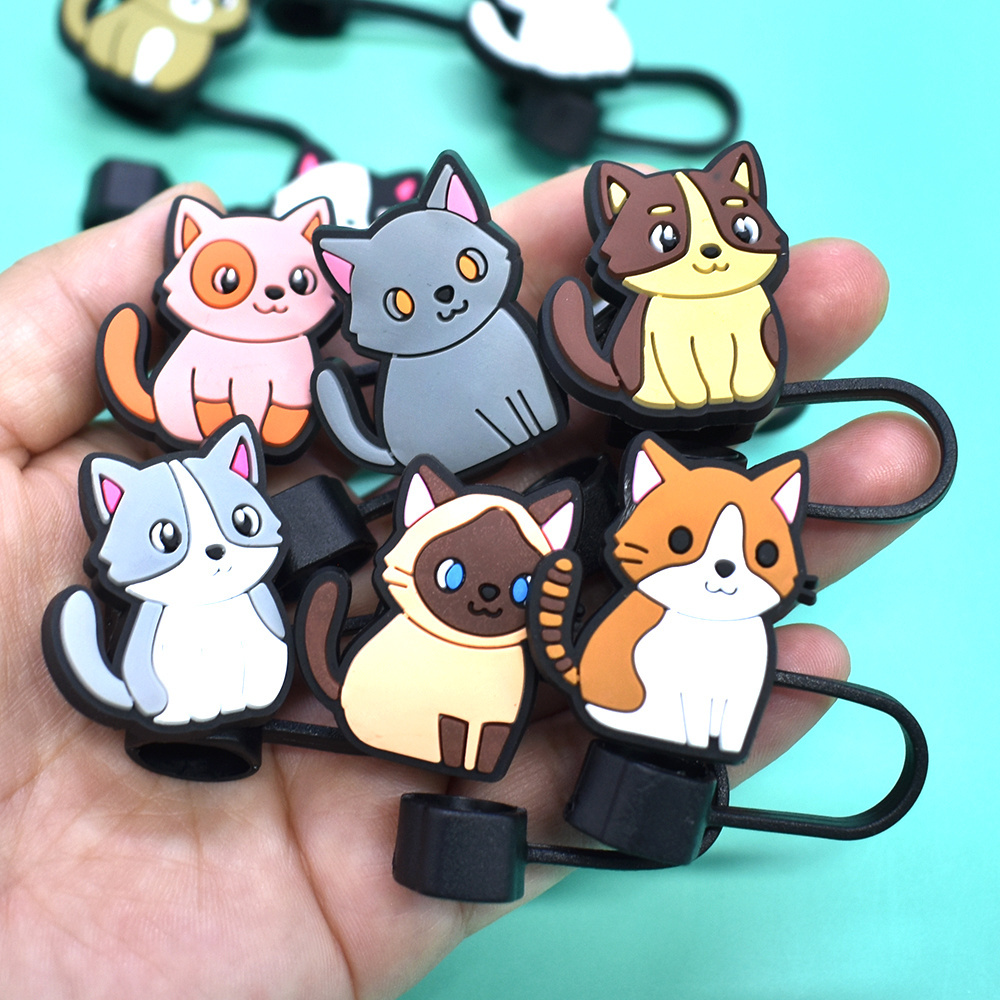 Wholesale Cute Animal Cat PVC Drinking Straw Topper 10mm Reusable Holiday Rubber Mugs Bar Accessories Bar Mat Type