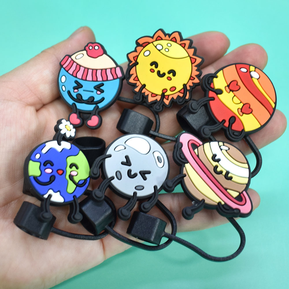 Wholesale 8MM Cute Rubber Planet Series Silicone Straw Topper Glass Straw With Charm Novelty Drinking Accessories Covers