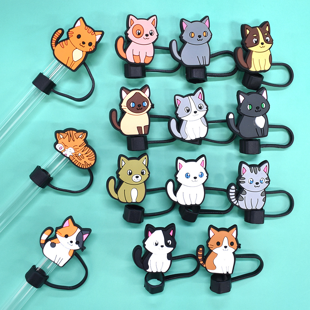 Wholesale Cute Animal Cat PVC Drinking Straw Topper 10mm Reusable Holiday Rubber Mugs Bar Accessories Bar Mat Type