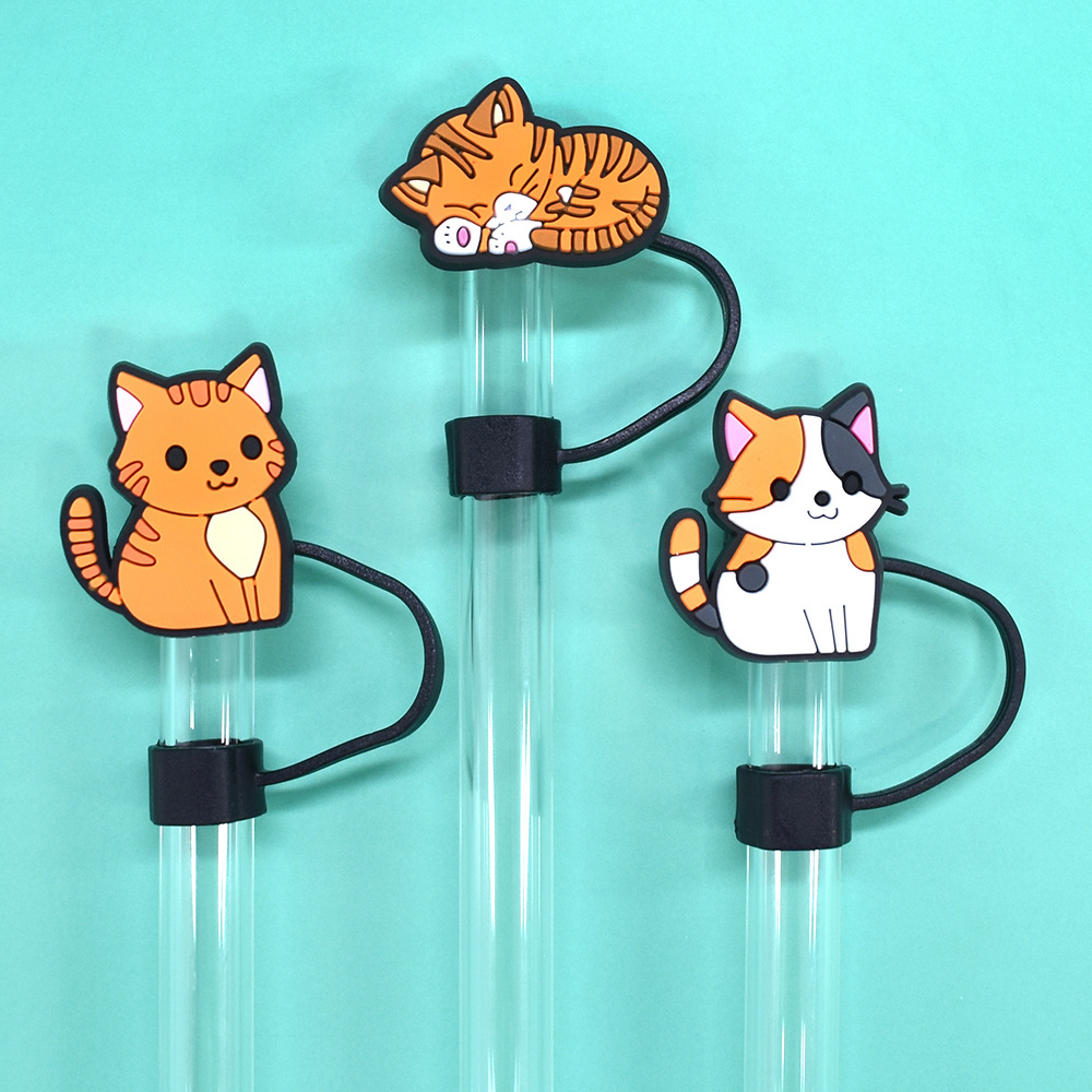 Wholesale Cute Animal Cat PVC Drinking Straw Topper 10mm Reusable Holiday Rubber Mugs Bar Accessories Bar Mat Type