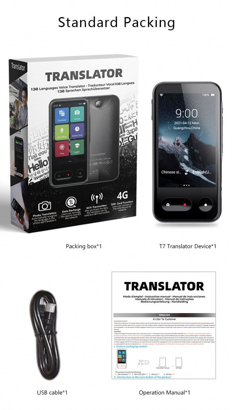 Portable instant language translator support 138 language 4G wifi offine translation voice language translator T7