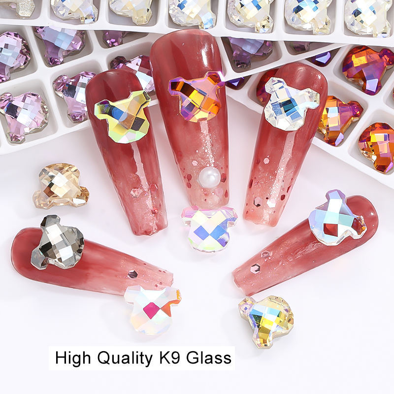 Xichuan Fancy Crystal Stone Strass K9 3D Bear Shape Glass Pointback Glue On Nail Art Rhinestones