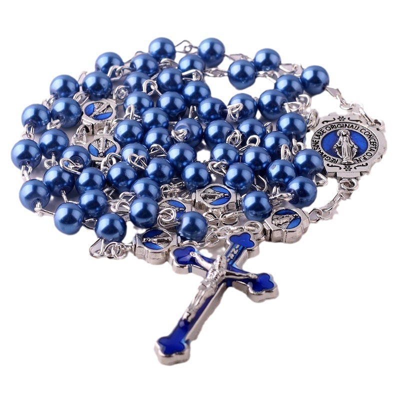 Wholesale Bulk Virgin Mary Silver Cross Jesus Christ Crucifix Rosary Long Chain Blue Pearl Beads Rosary Necklace Religious