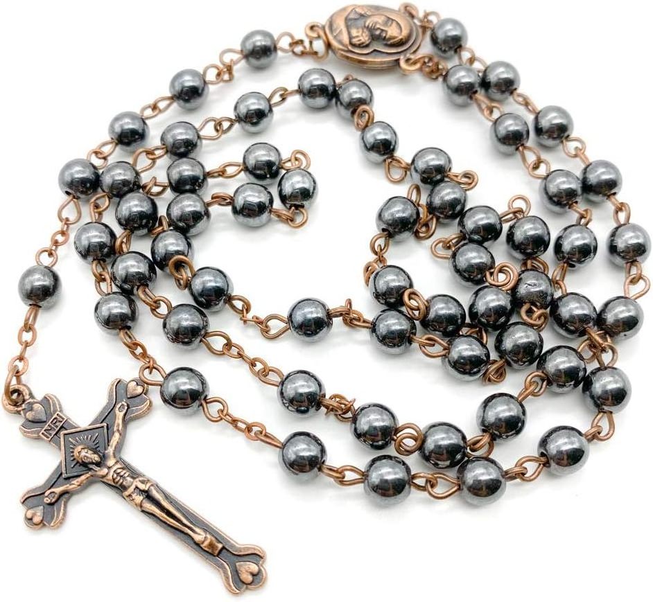 8 mm  Hematite Black Beads Crucifix Stone Grains Saint Jerusalem Earth Cross Ancient Religious Rosary Necklace