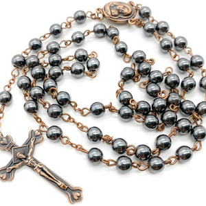 8 mm  Hematite Black Beads Crucifix Stone Grains Saint Jerusalem Earth Cross Ancient Religious Rosary Necklace