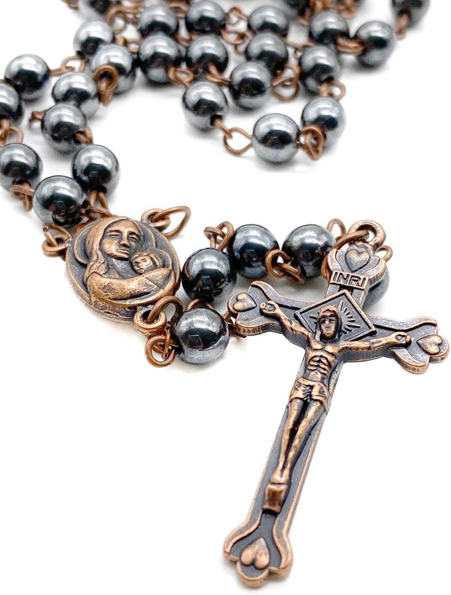 8 mm  Hematite Black Beads Crucifix Stone Grains Saint Jerusalem Earth Cross Ancient Religious Rosary Necklace