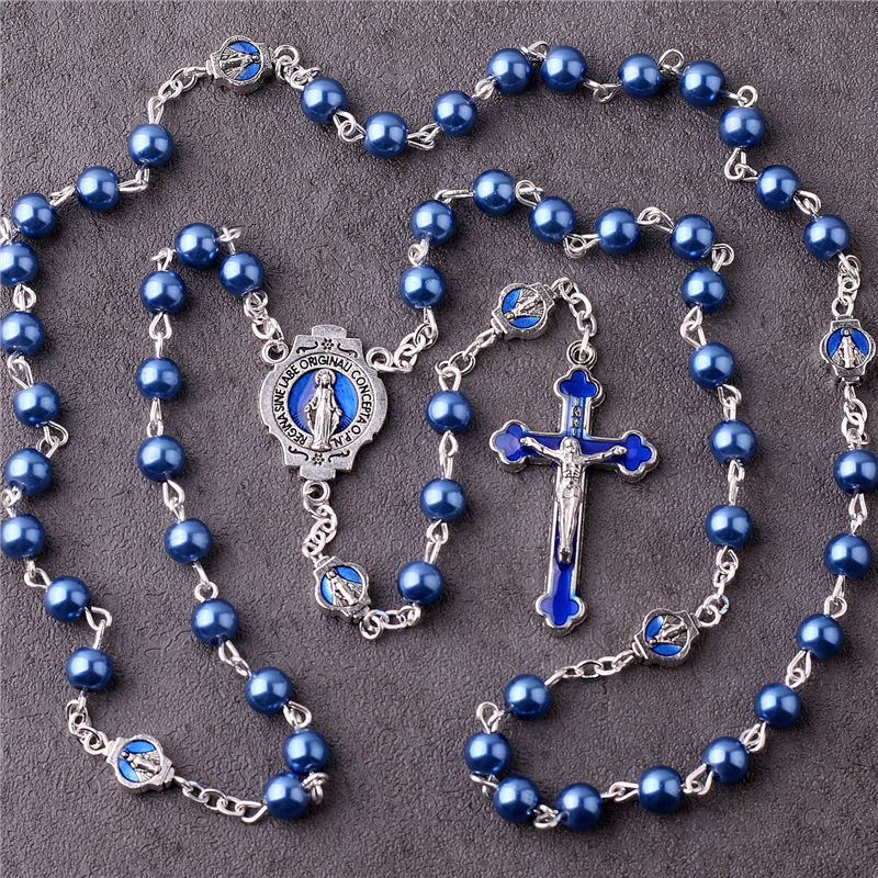 Wholesale Bulk Virgin Mary Silver Cross Jesus Christ Crucifix Rosary Long Chain Blue Pearl Beads Rosary Necklace Religious