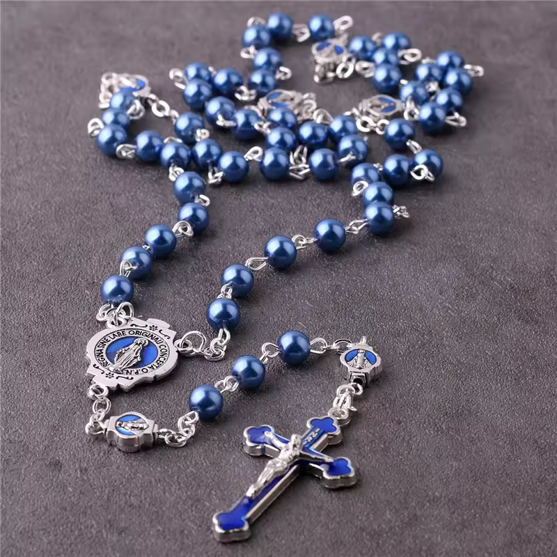 Wholesale Bulk Virgin Mary Silver Cross Jesus Christ Crucifix Rosary Long Chain Blue Pearl Beads Rosary Necklace Religious