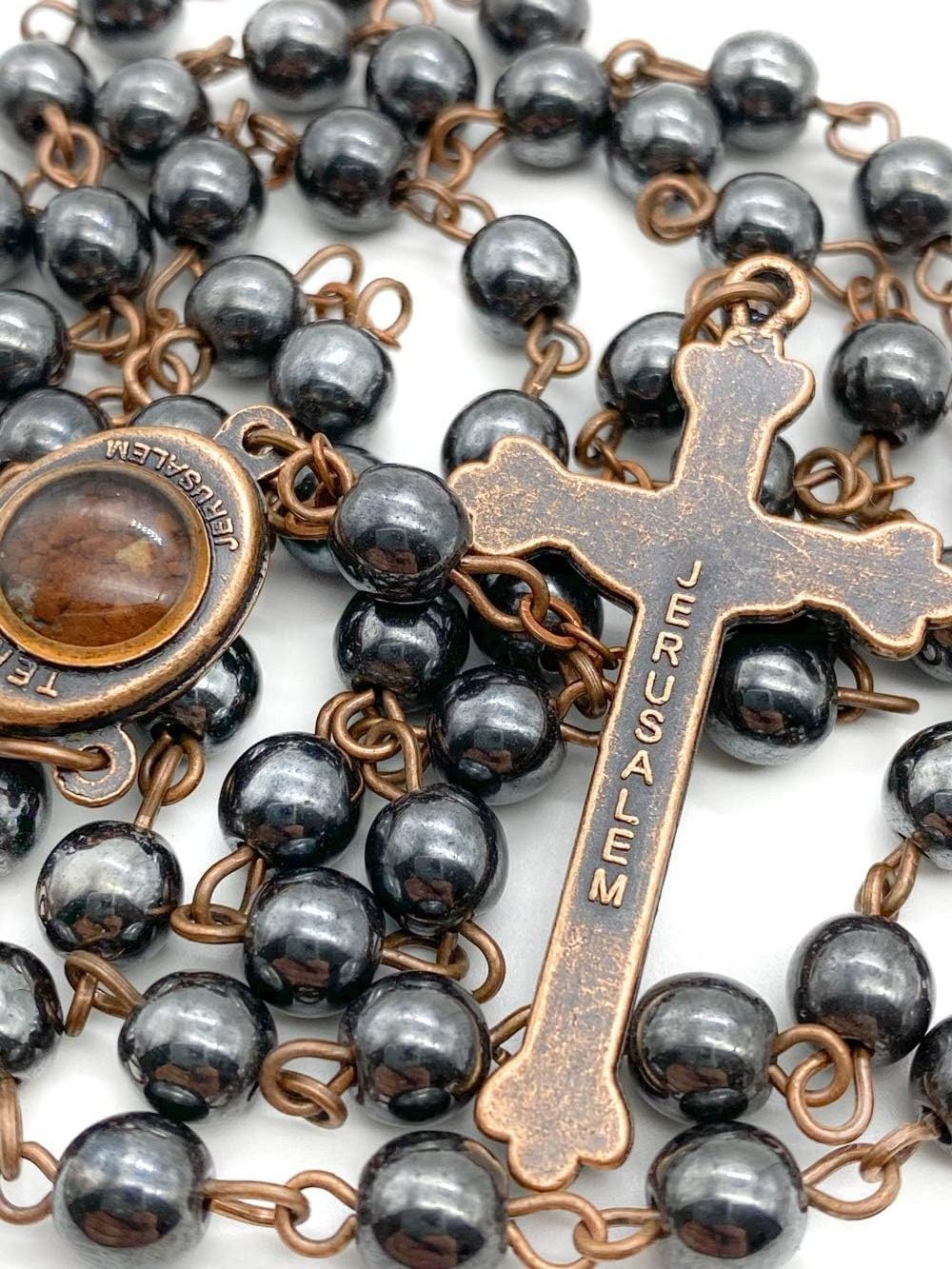 8 mm  Hematite Black Beads Crucifix Stone Grains Saint Jerusalem Earth Cross Ancient Religious Rosary Necklace