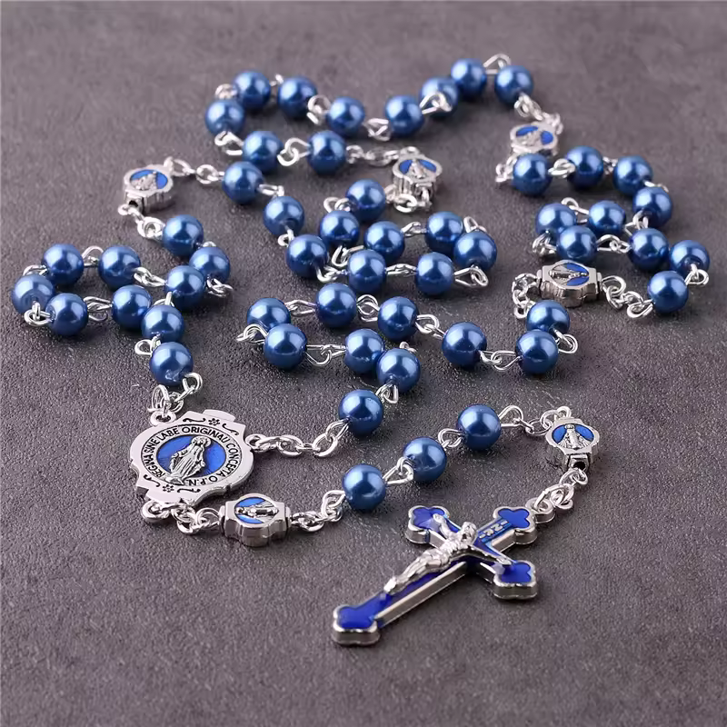 Wholesale Bulk Virgin Mary Silver Cross Jesus Christ Crucifix Rosary Long Chain Blue Pearl Beads Rosary Necklace Religious