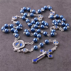 Wholesale Bulk Virgin Mary Silver Cross Jesus Christ Crucifix Rosary Long Chain Blue Pearl Beads Rosary Necklace Religious