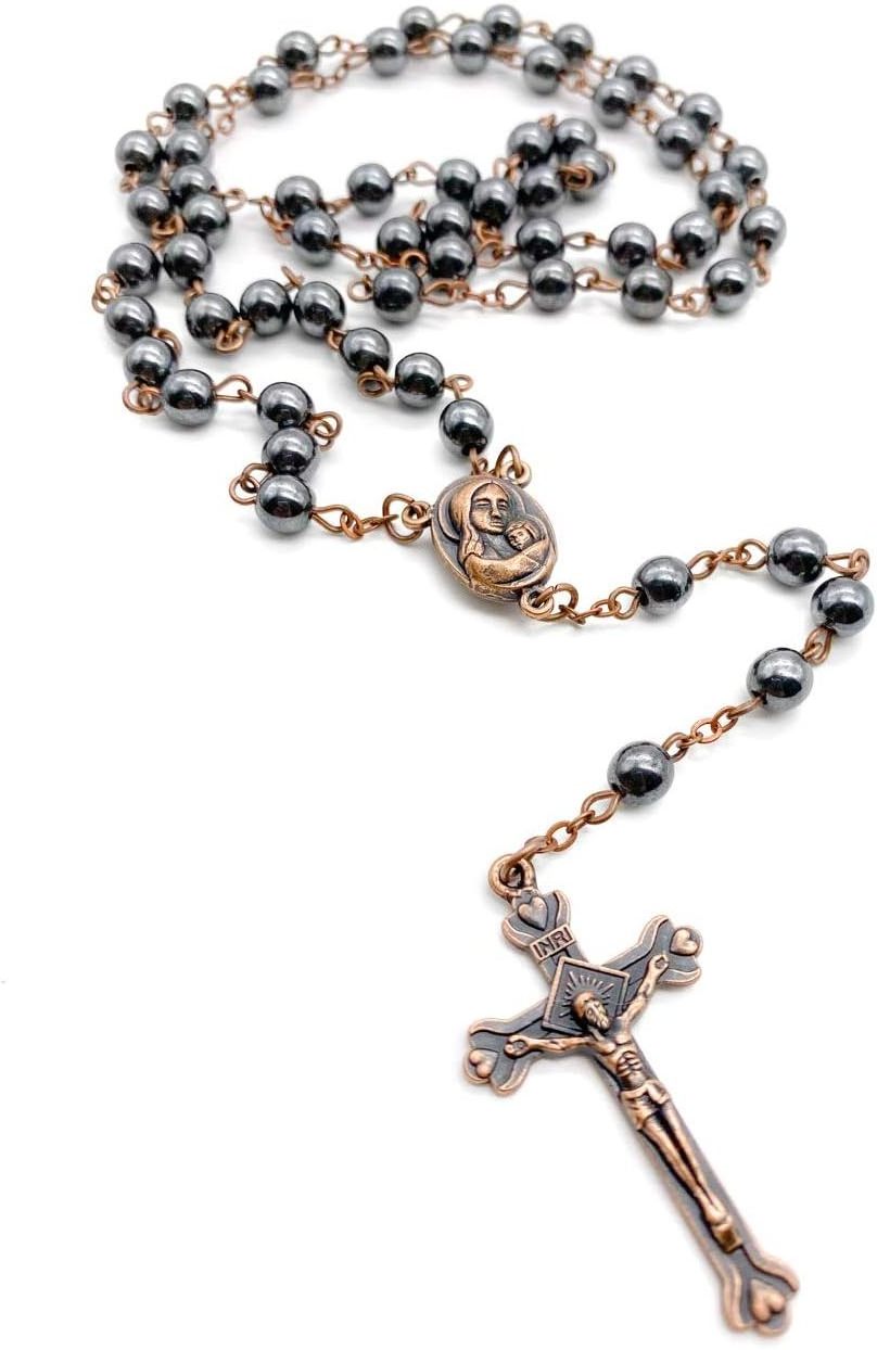 8 mm  Hematite Black Beads Crucifix Stone Grains Saint Jerusalem Earth Cross Ancient Religious Rosary Necklace