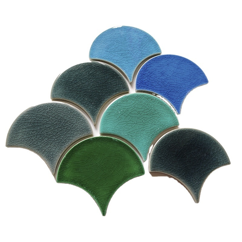 Handmade Art Modern Hand Made 3d Feather Leaf Shaped Crackle Glazed Green Ceramic Handmade Mosaic Tiles For Kitchen Bathroom Wal