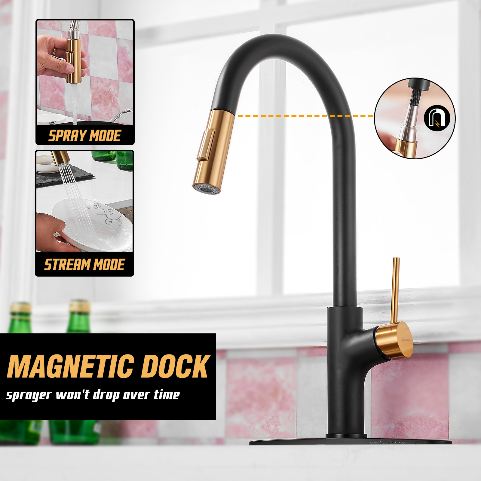 Black and Gold Kitchen Faucet with Pull Down Magnetic Docking Sprayer,Stainless Steel Pull Out RV Kitchen Sink Faucets,