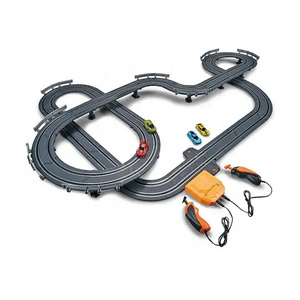 Slot Car Electric Race Car Track with 4 High-Speed Slot Cars Dual Racing Game 2 Hand Controllers Circular Overpass Track Toys