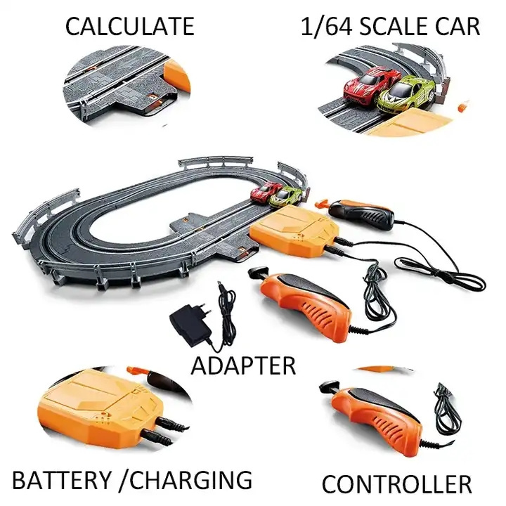 Slot Car Electric Race Car Track with 4 High-Speed Slot Cars Dual Racing Game 2 Hand Controllers Circular Overpass Track Toys