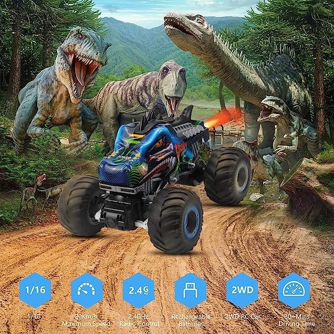 Remote Control Dinosaur Car 2.4GHz All Terrain Remote Control Monster Truck RC Dinosaur Monster Car Spray Music RC Monster