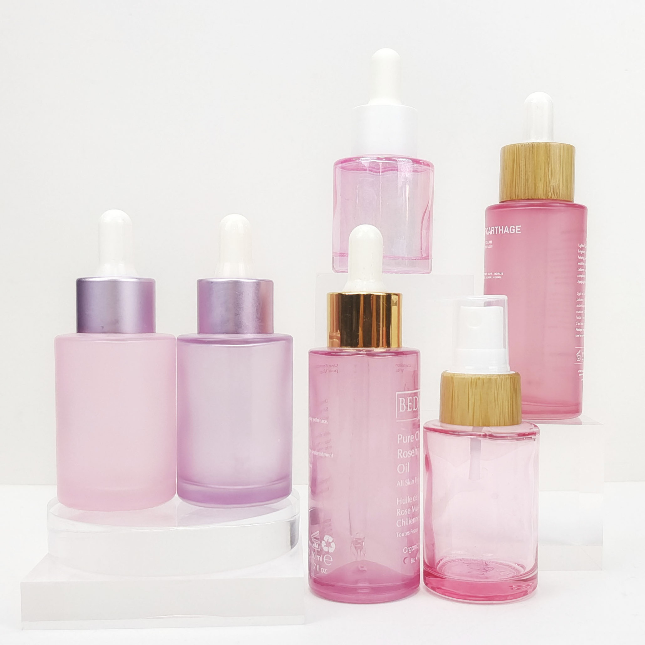 Custom Pink Plastic Cosmetic Packaging Dropper Bottle For Skincare Face Serum Hair Oil 30ml