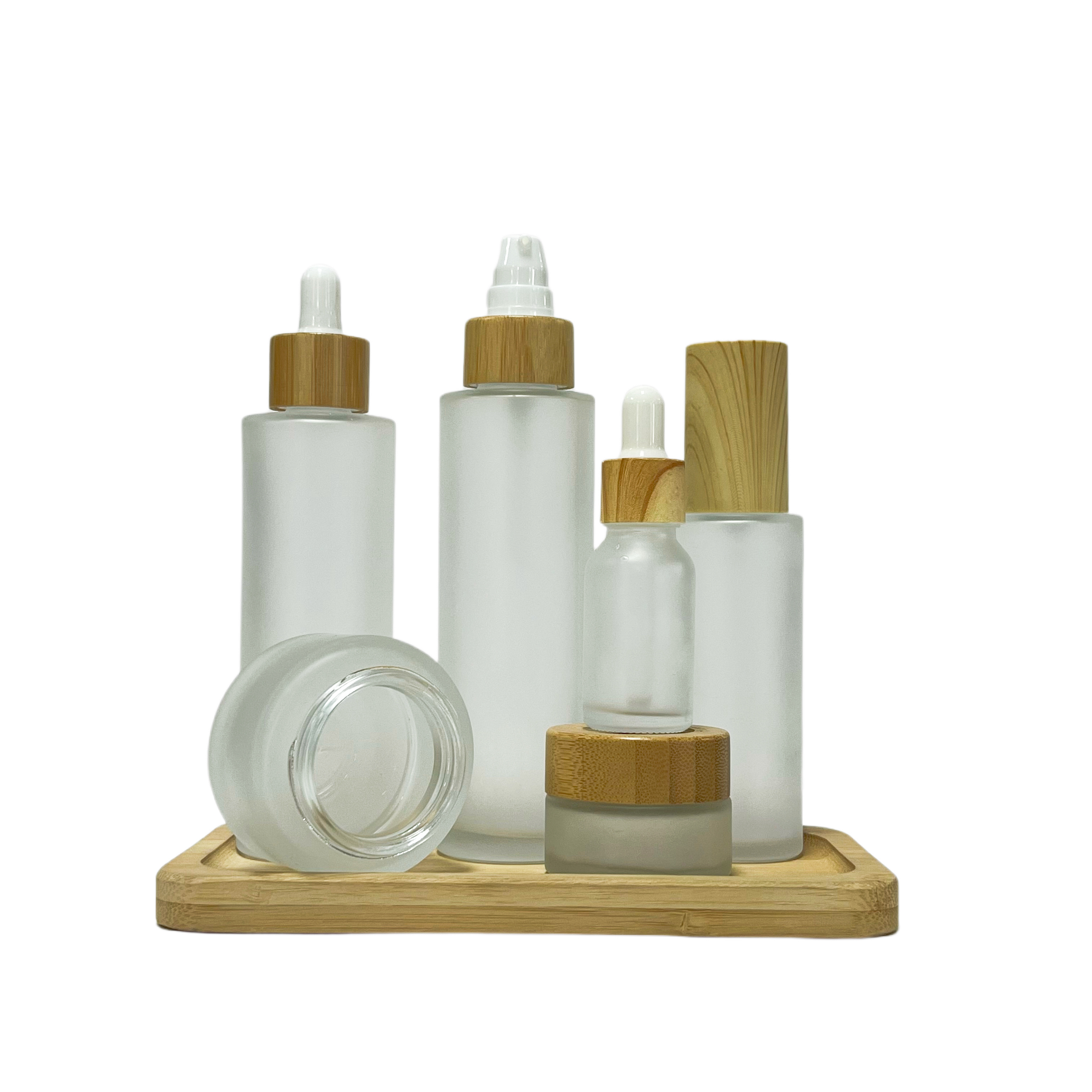 Bamboo Glass Packaging Set 30ml 50ml 100ml Empty Cosmetic Wooden Skin Care Serum Cream Jar Storage Container