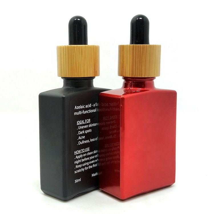 Cosmetic bamboo packaging 100ml 50ml 1oz essential oil beard oil perfume rectangle dropper lid square glass bottle 30ml