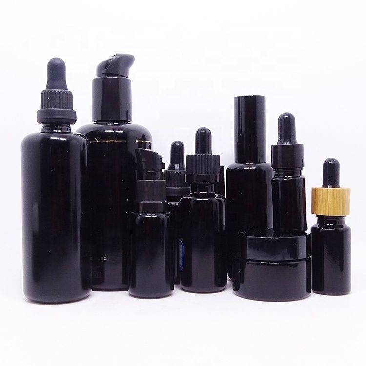 5ml 15ml 30ml 50ml 100ml 150ml 200ml 250ml black Dark uv violet glass essential oil lotion cosmetic bottle and jar