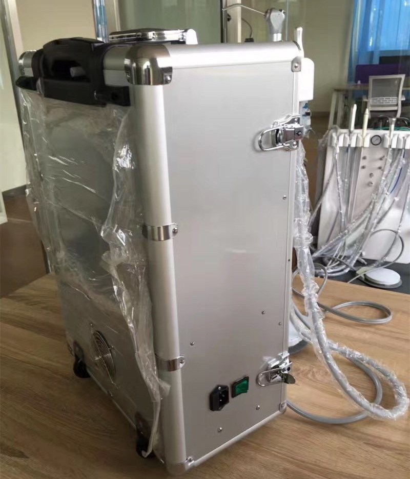 Portable dental unit/instrument/equipment with air compressor, ultrasonic scaler, led curing light and other dental accessories