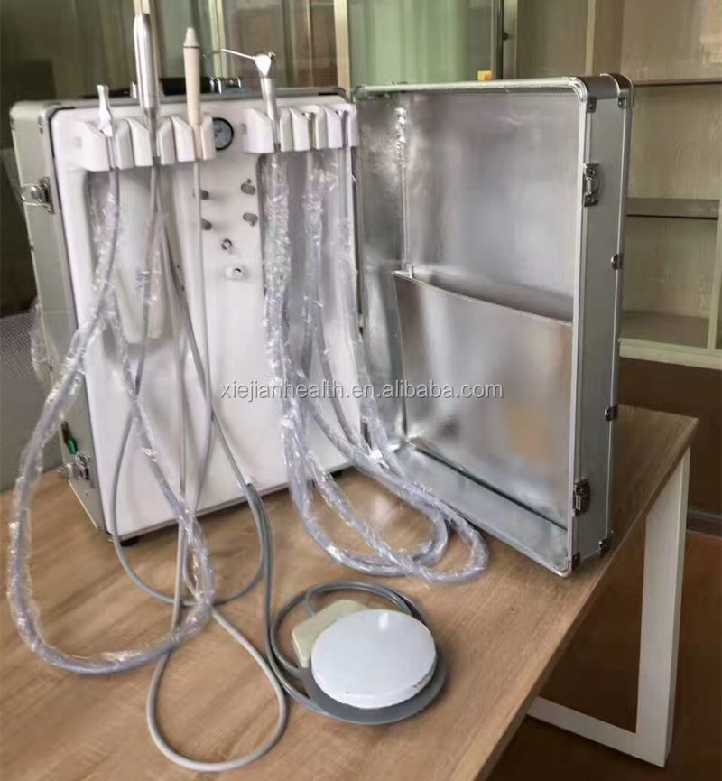 Portable dental unit/instrument/equipment with air compressor, ultrasonic scaler, led curing light and other dental accessories