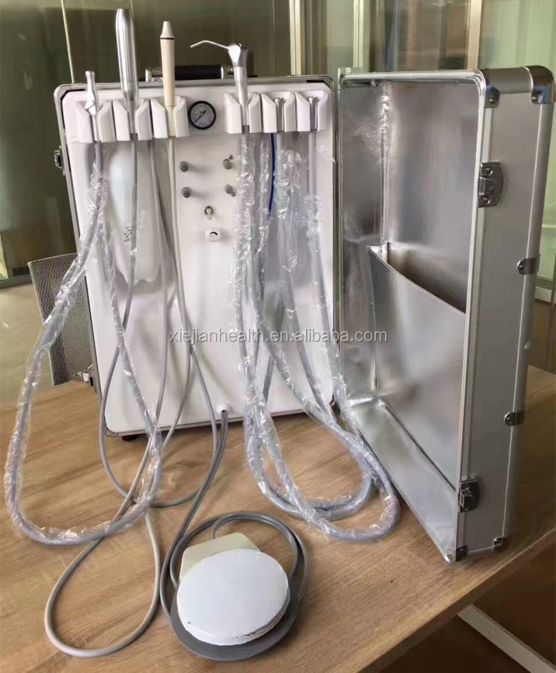 Portable dental unit/instrument/equipment with air compressor, ultrasonic scaler, led curing light and other dental accessories