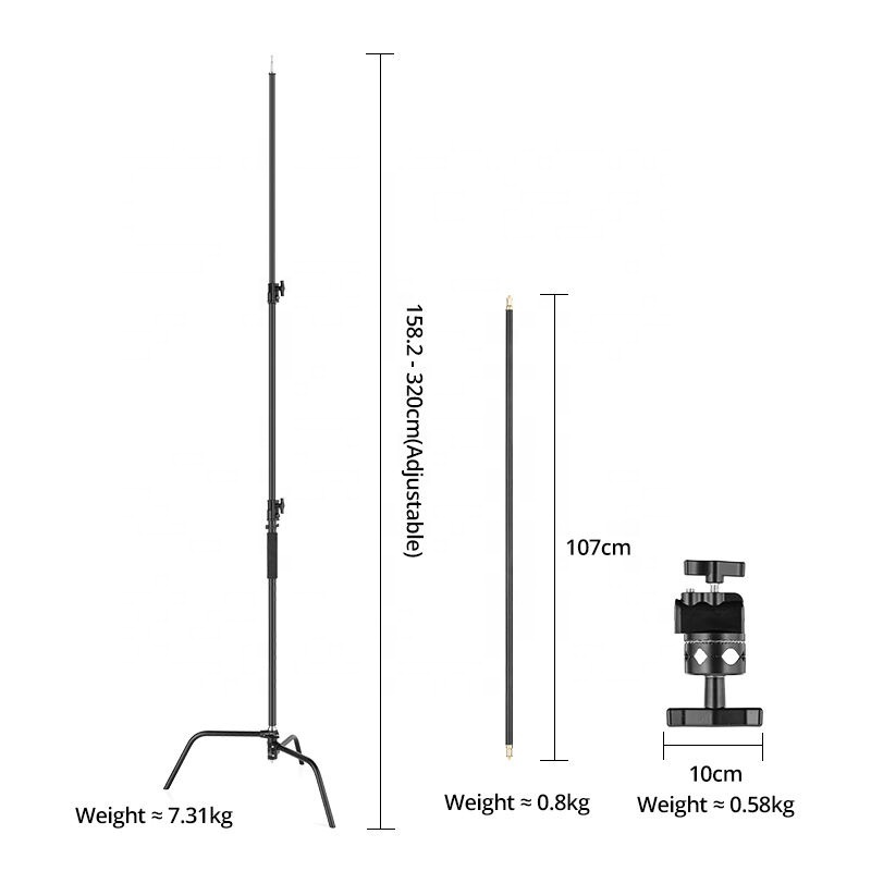 Black Stainless Steel Heavy Duty C Stand 1.5-3.3 Meters Adjustable Photography Sturdy Tripod with cross bar