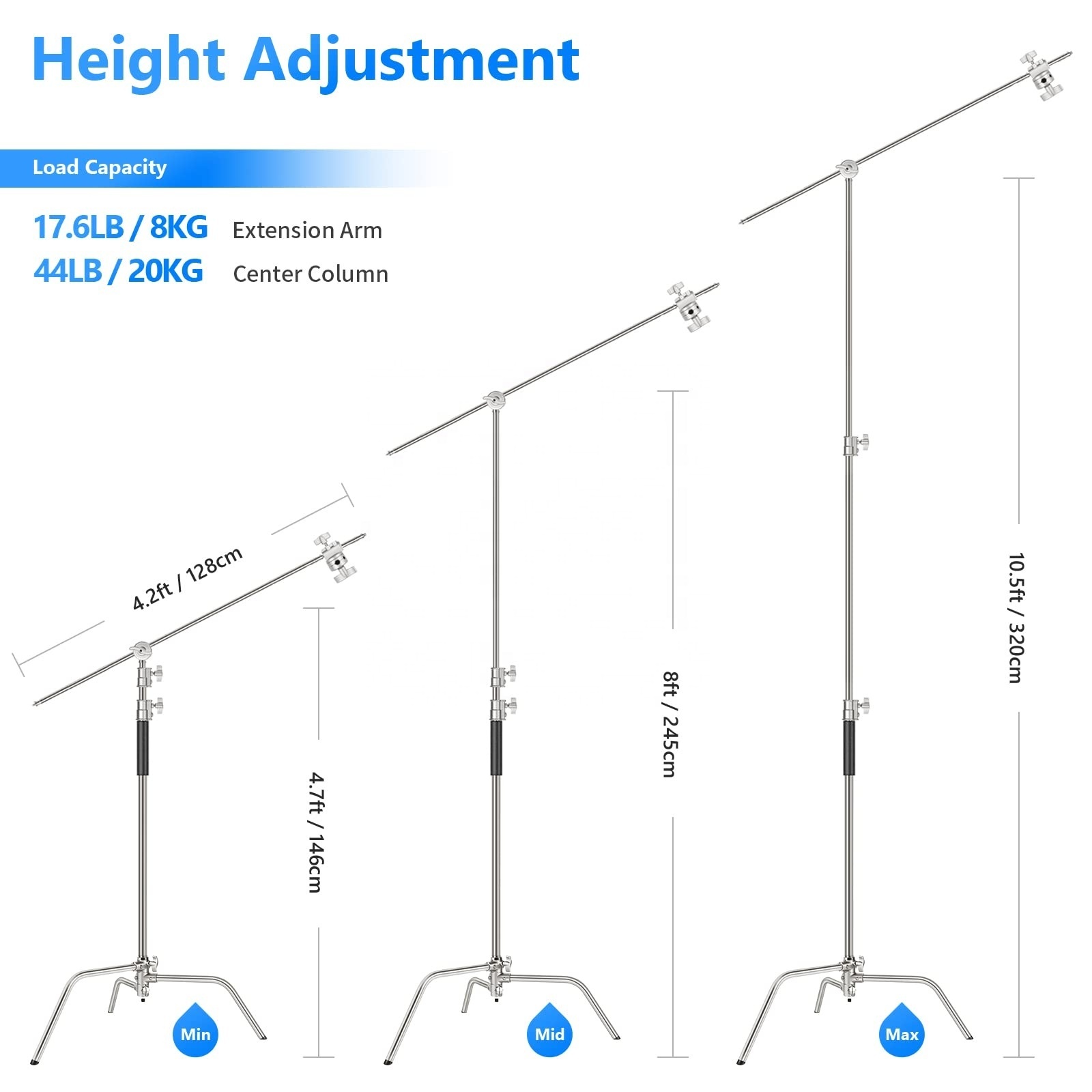 Stainless Steel Heavy Duty C Stand 1.5-3.3 Meters Adjustable Photography Sturdy Tripod with cross bar