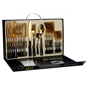 24 Pieces Stainless Steel 1010 Cutlery Set Gold And Black Cutlery Box Set China Jieyang Cutlery Manufacturer