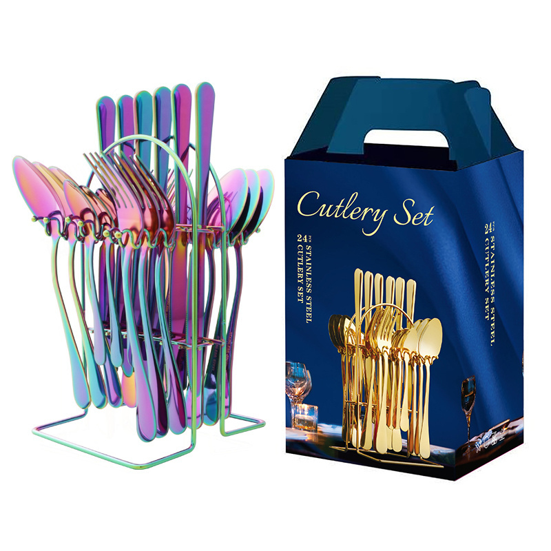 Factory wholesale Stainless Steel Knife Fork Spoon set 24pcs Gold Flatware Luxury Cutlery Set With Stand