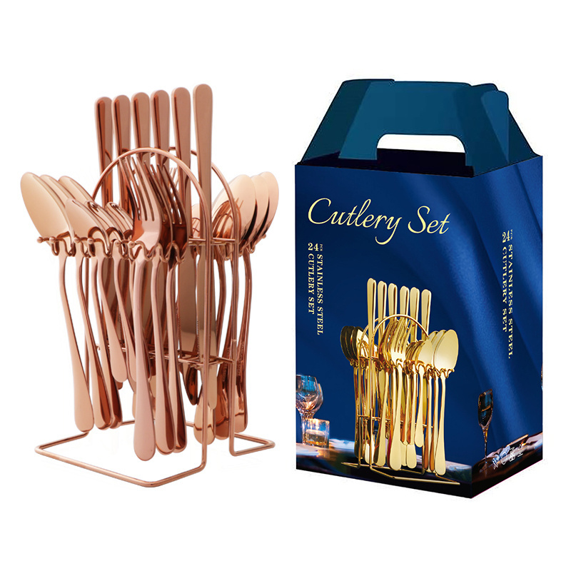 Factory wholesale Stainless Steel Knife Fork Spoon set 24pcs Gold Flatware Luxury Cutlery Set With Stand