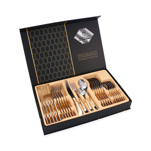 Hot selling stainless steel 24-piece set steak knife and fork spoon tea spoon gold plated star diamond cutlery gift box