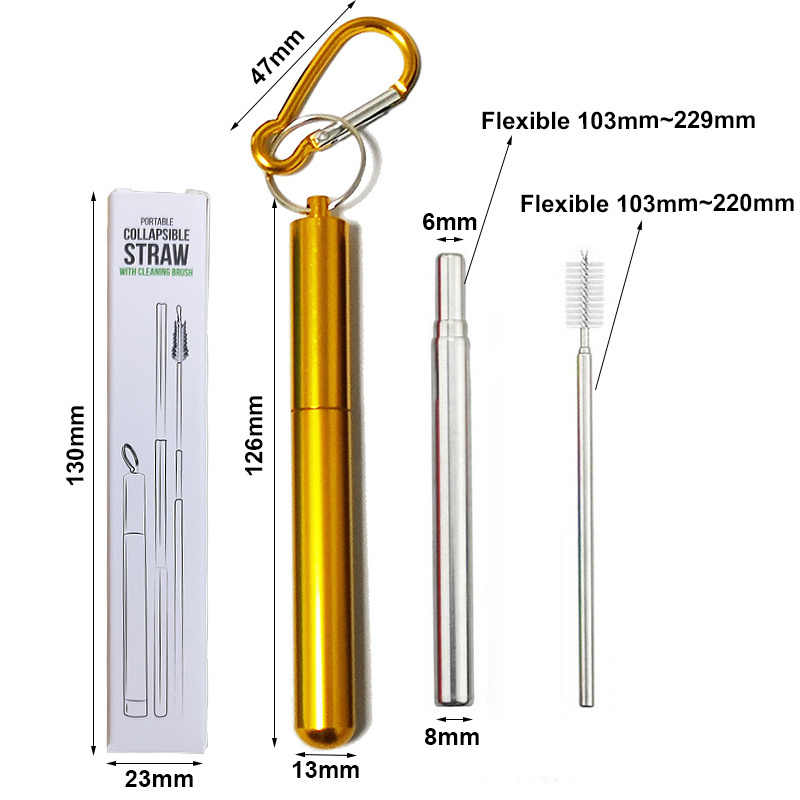 Foldable Reusable Stainless Steel Drinking Straw Keychain With Case Factory of Collapsible Telescopic Metal Portable Straw