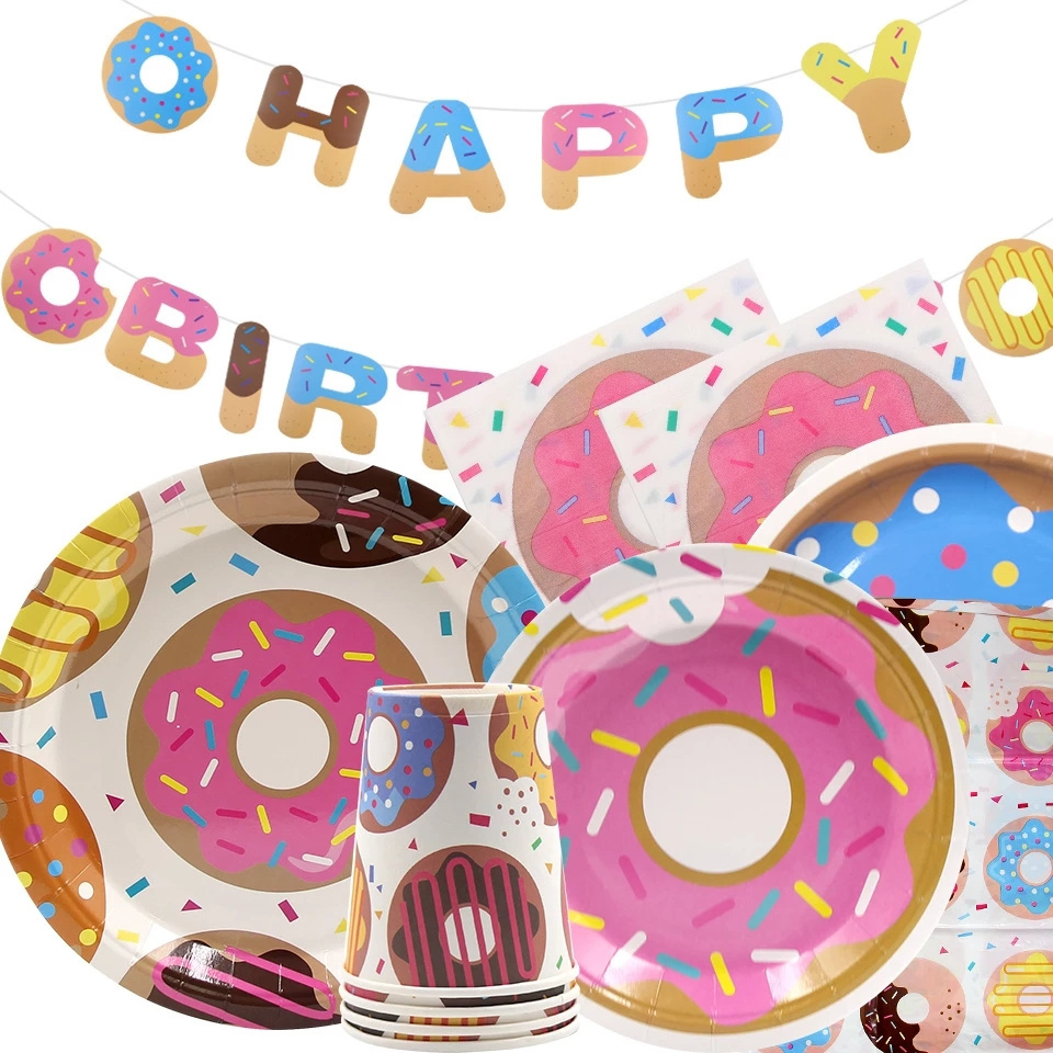 Theme Party Paper Donut Paper Plates Cup Cupcake Topper Napkin Banner Disposable Party Supplies Kits